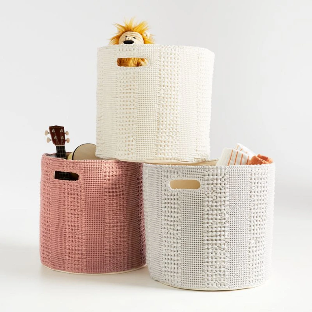 Nella Cream Cotton Waffle Weave Large Floor Bin with Handles