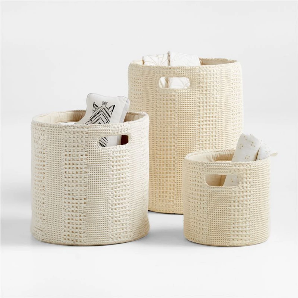 Nella Cream Cotton Waffle Weave Small Shelf Bin with Handles