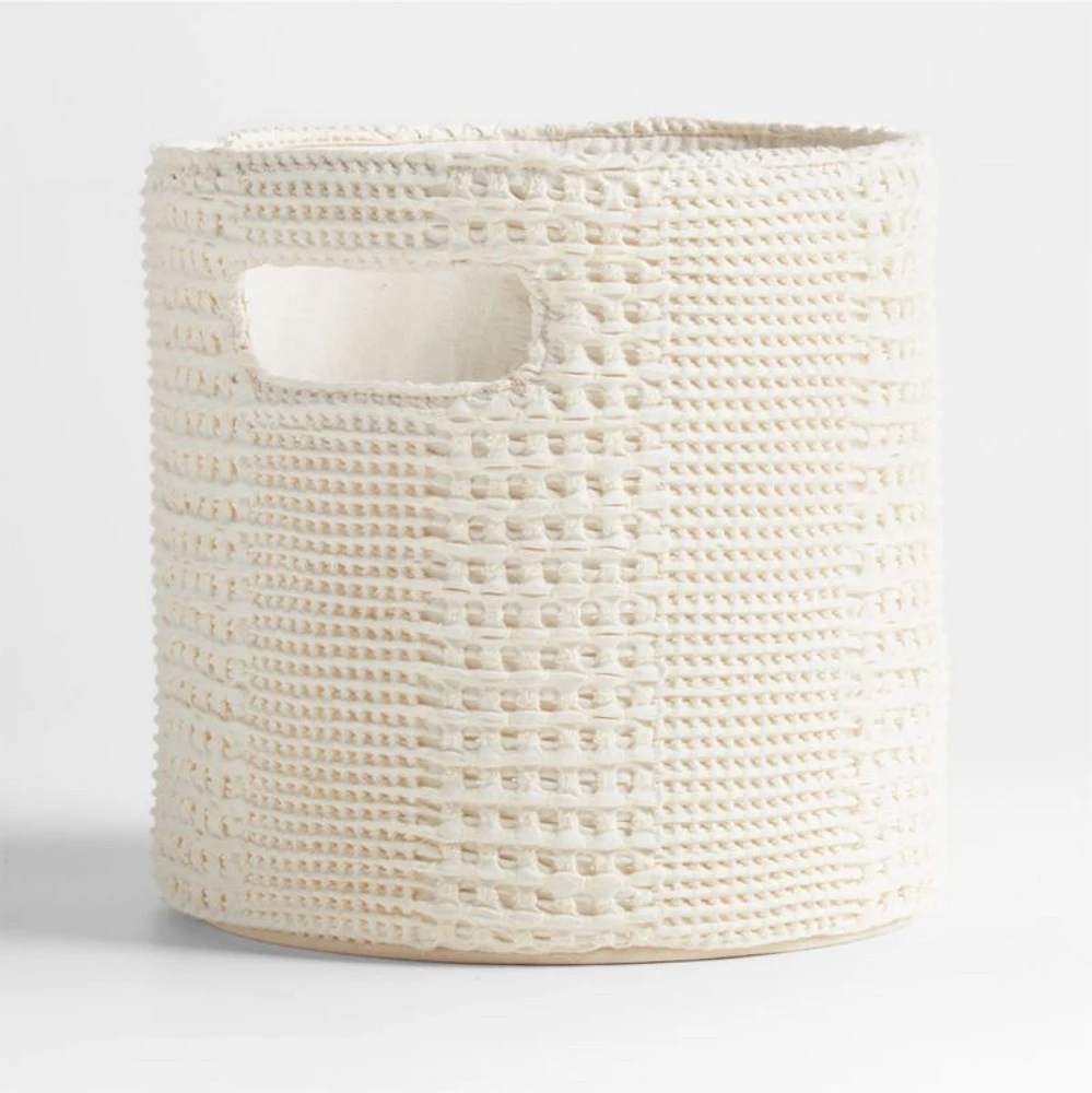 Nella Cream Cotton Waffle Weave Small Shelf Bin with Handles