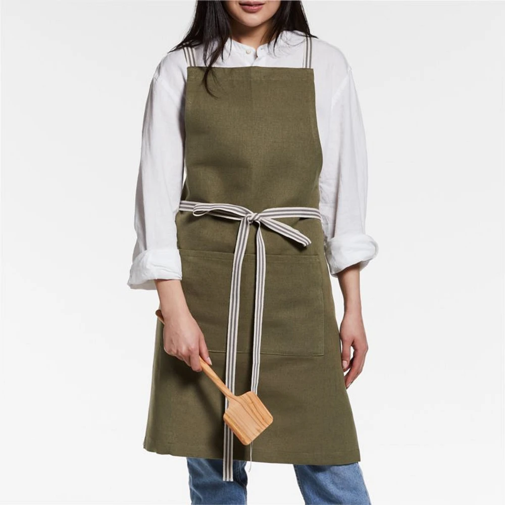 Oslo Cross-Back Green Linen-Organic Cotton Apron with Pocket