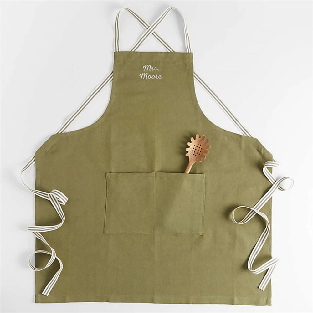 Oslo Cross-Back Green Linen-Organic Cotton Apron with Pocket