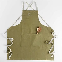 Oslo Cross-Back Green Linen-Organic Cotton Apron with Pocket