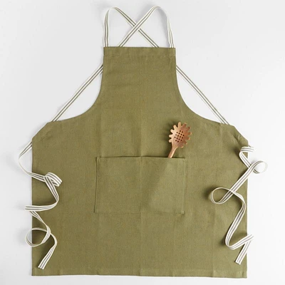 Oslo Cross-Back Green Linen-Organic Cotton Apron with Pocket
