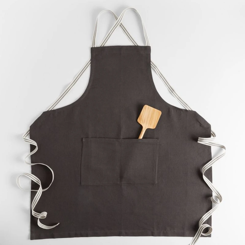 Oslo Cross-Back Gray Linen-Organic Cotton Apron with Pocket
