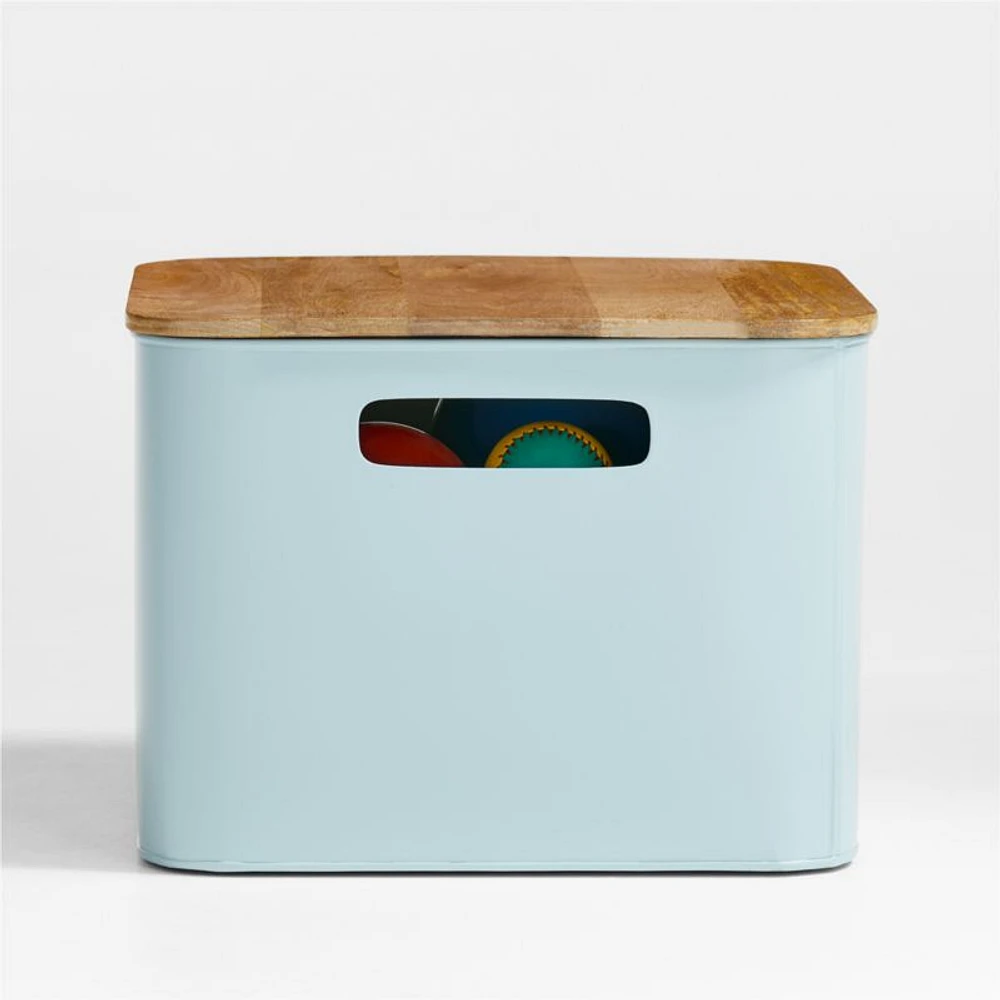 Outline Cloud Blue Medium Metal Storage Bin with Wood Lid