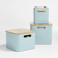 Outline Cloud Blue Medium Metal Storage Bin with Wood Lid