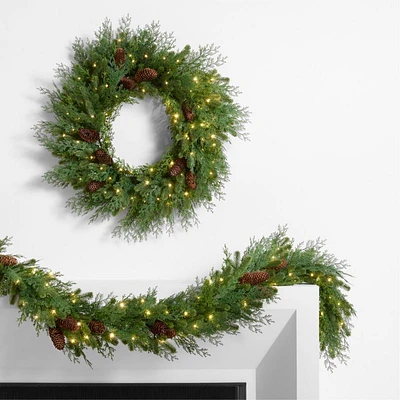 Pre-Lit Pine & Cedar Holiday Wreath & Garland Set