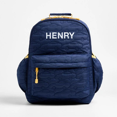 Quilted Blue Car Large Kids Backpack with Side Pockets