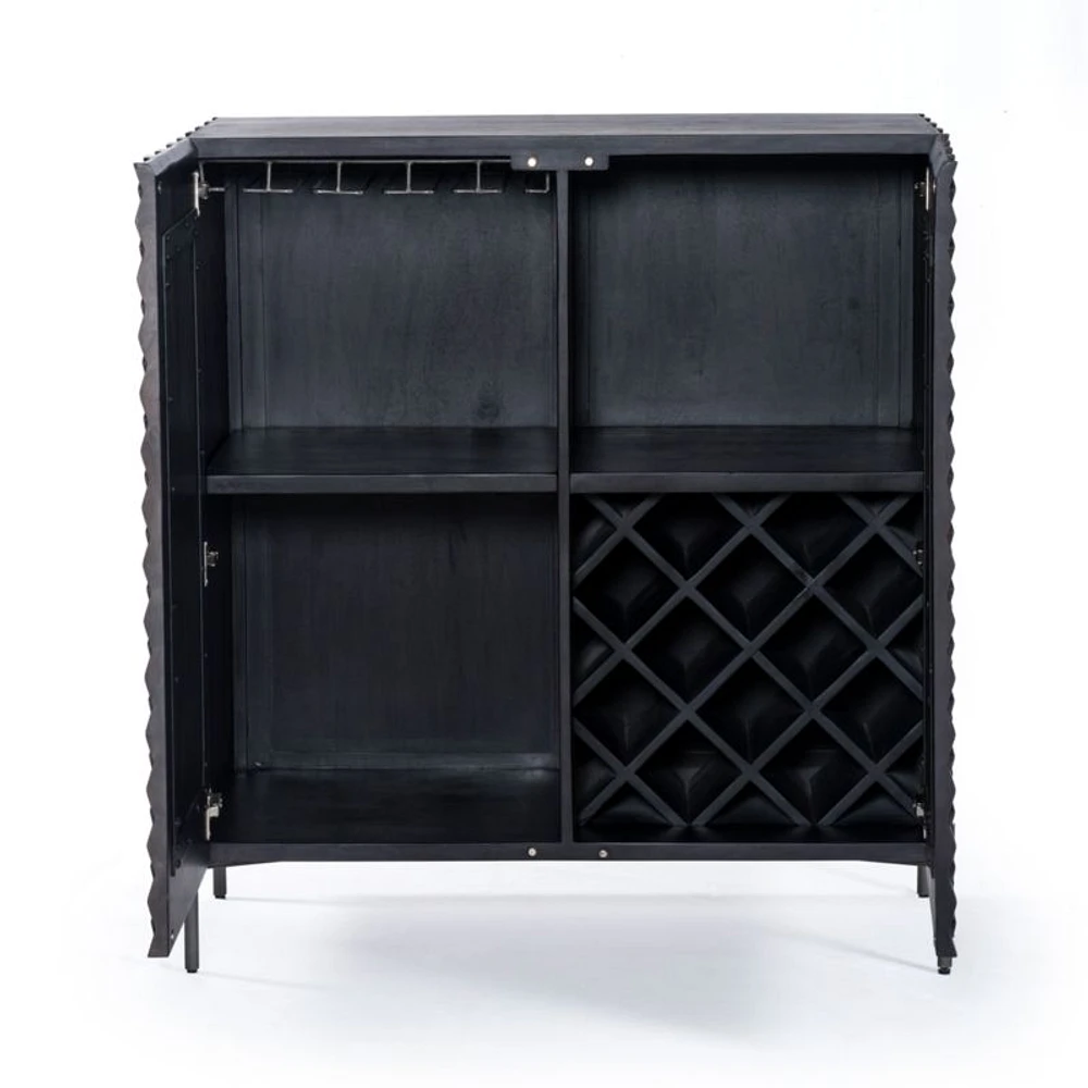 Raffael Black Carved Wood Bar Cabinet with Storage