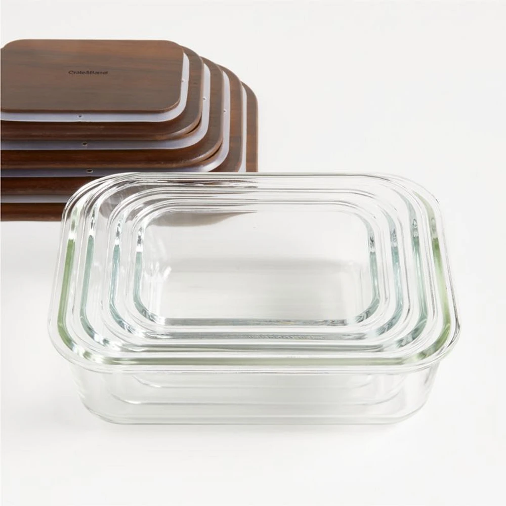 Crate & Barrel 8-Piece Rectangular Glass Storage Containers with Dark Wood Lids