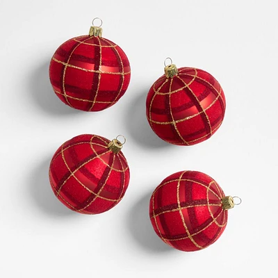 Red & Gold Glitter Plaid Ball Christmas Ornaments, Set of 4