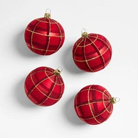 Red & Gold Glitter Plaid Ball Christmas Ornaments, Set of 4