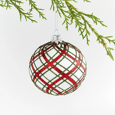 Red and Green Glitter Plaid White Glass Ball Christmas Tree Ornament