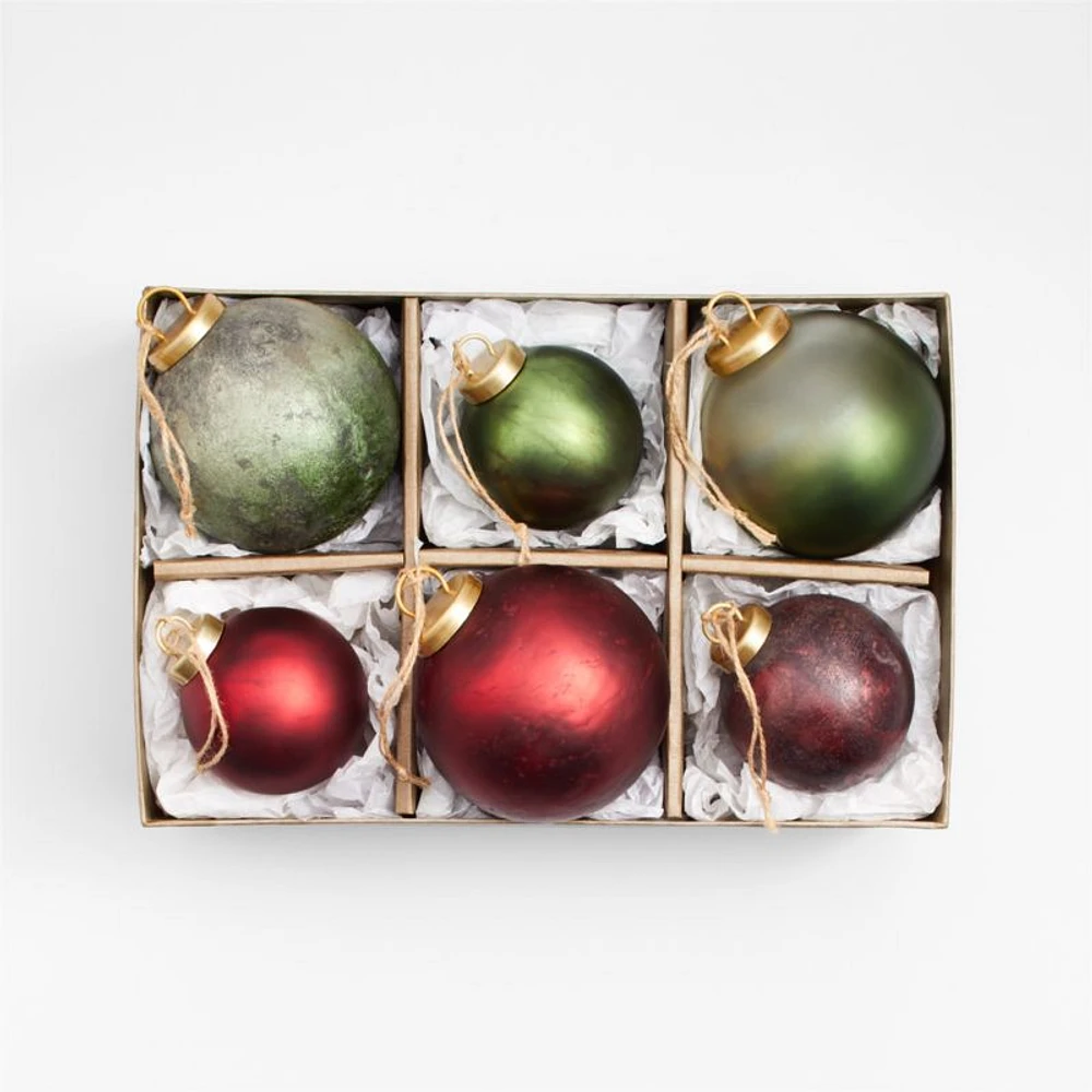 Textured Red and Green Glass Ball Christmas Tree Ornaments, Set of 6