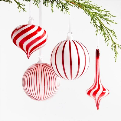 Red and White Striped Glass Christmas Tree Ornaments, Set of 4