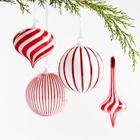 Red and White Striped Glass Christmas Tree Ornaments, Set of 4