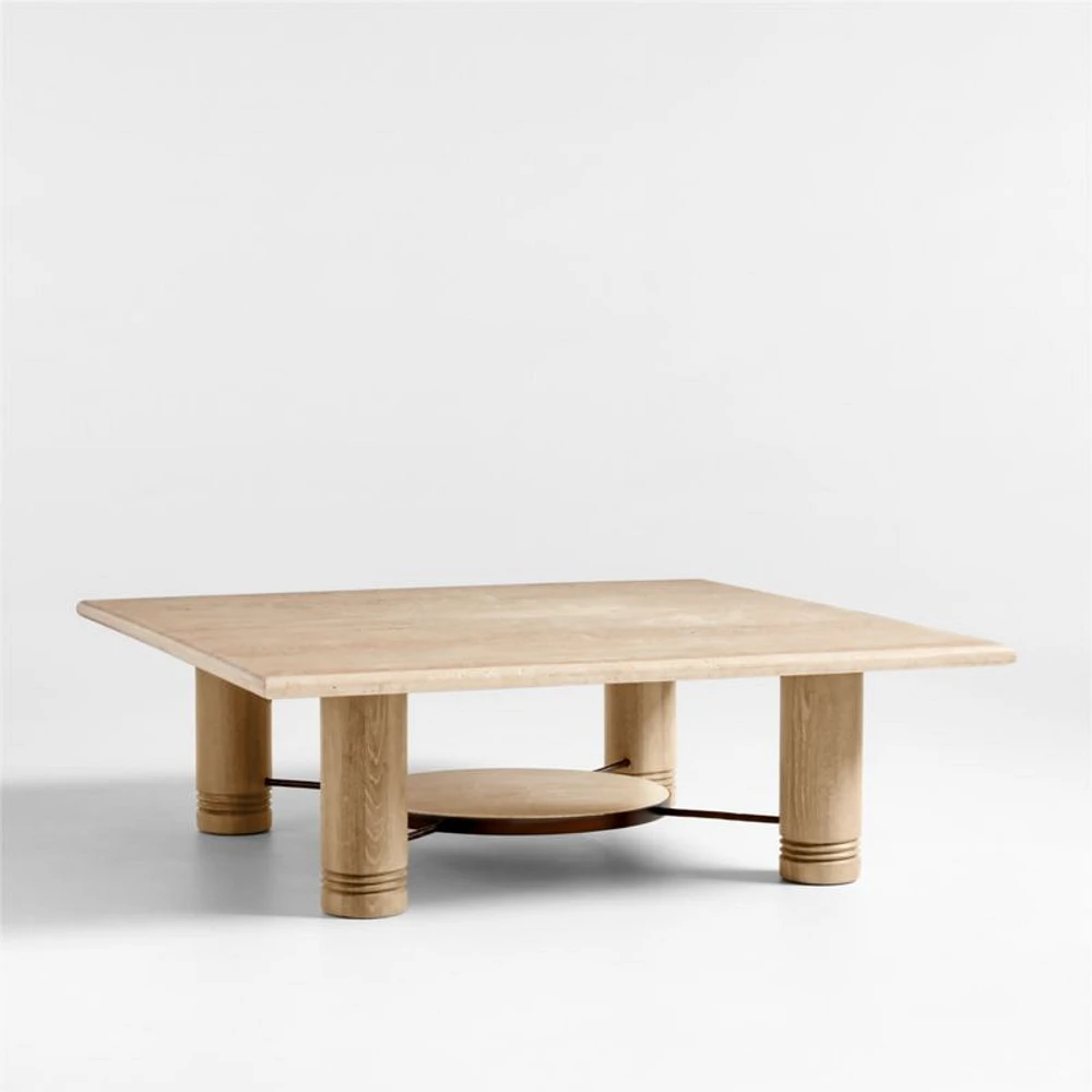 Revival Travertine and Oak Wood 45" Square Coffee Table with Shelf by Athena Calderone