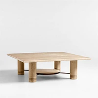 Revival Travertine and Oak Wood 45" Square Coffee Table with Shelf by Athena Calderone