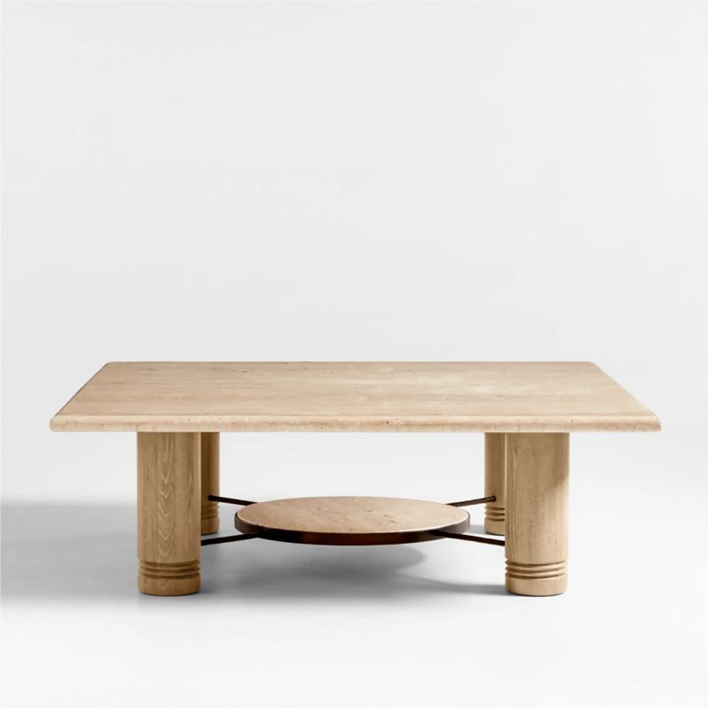 Revival Travertine and Oak Wood 45" Square Coffee Table with Shelf by Athena Calderone