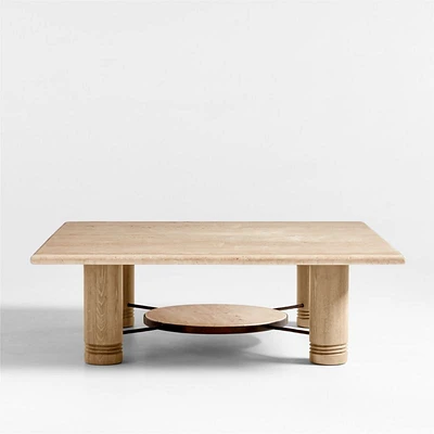 Revival Travertine and Oak Wood 45" Square Coffee Table with Shelf by Athena Calderone