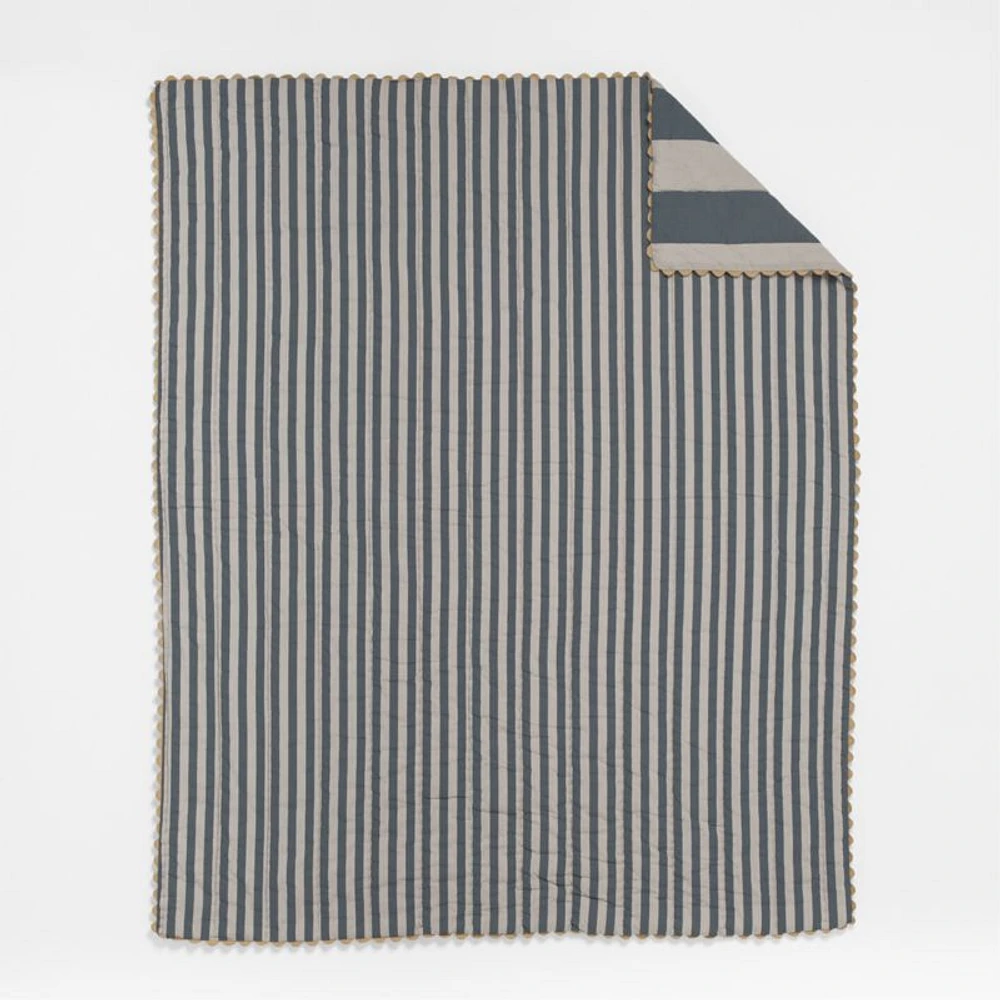 Riviera Slate Blue and Oatmeal Stripe Organic Cotton Reversible Baby Crib Quilt