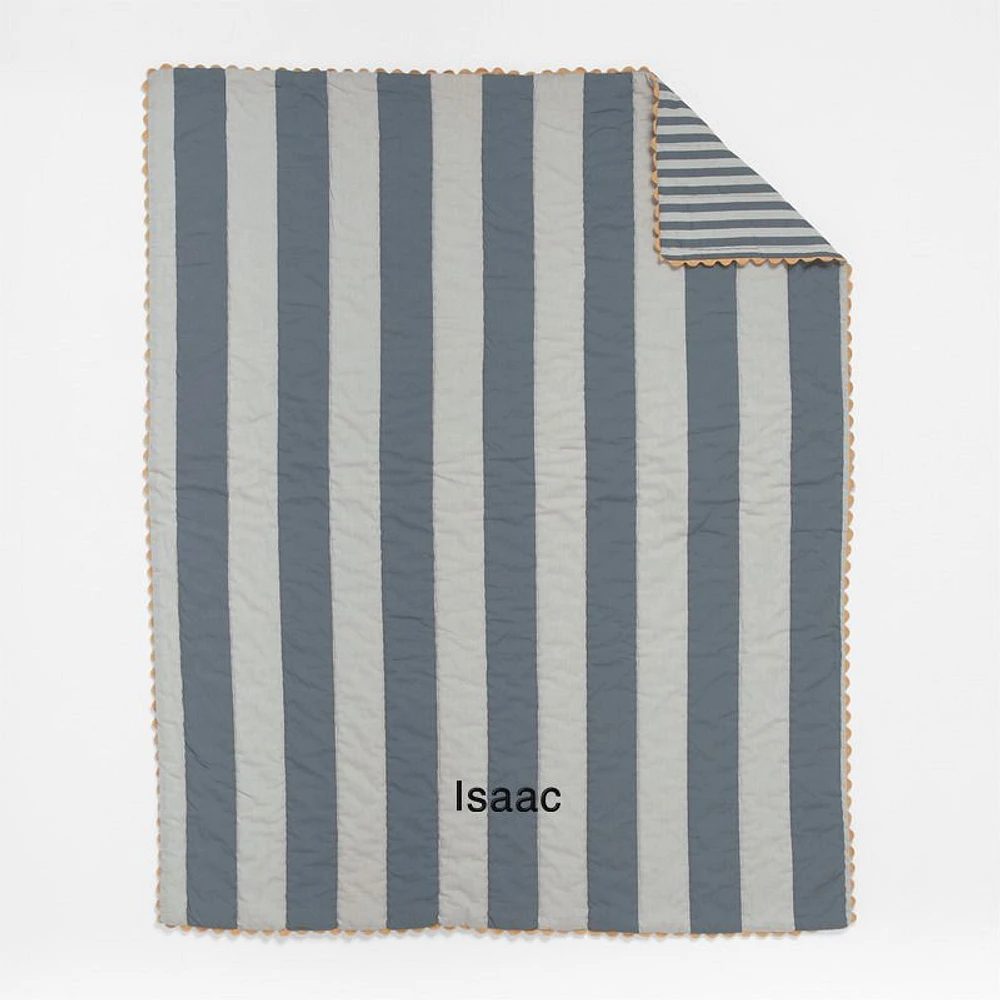 Riviera Slate Blue and Oatmeal Stripe Organic Cotton Reversible Baby Crib Quilt
