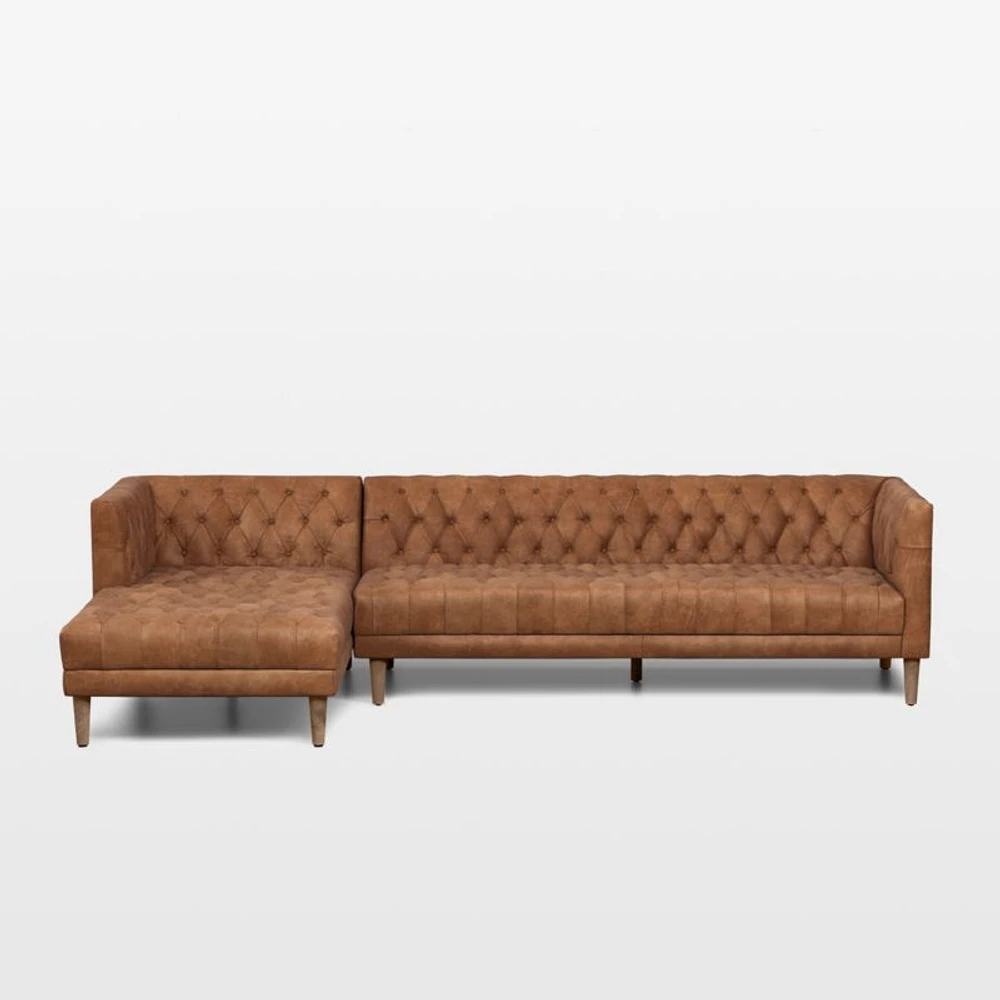 Rollins Camel Leather Tufted Left-Arm Chaise Sectional Sofa