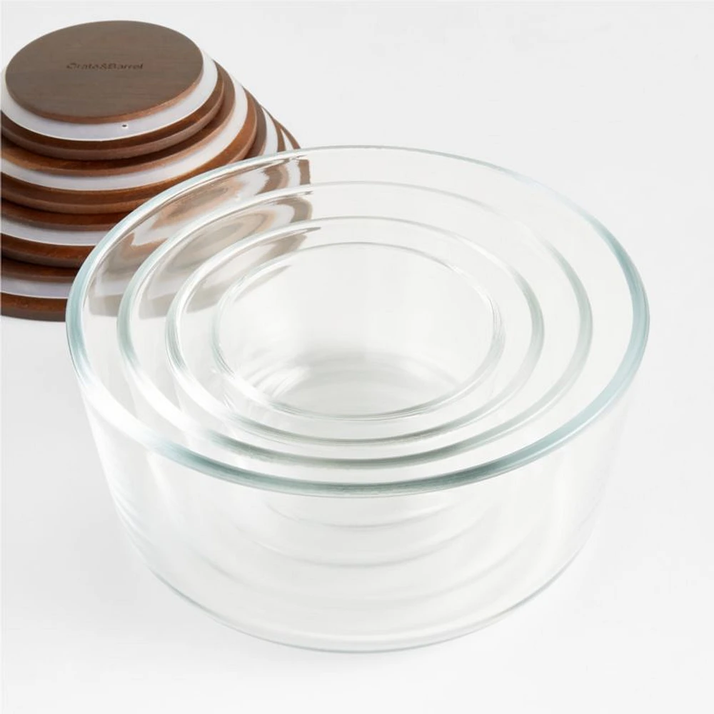 Crate & Barrel -Piece Round Glass Storage Containers with Dark Wood Lids