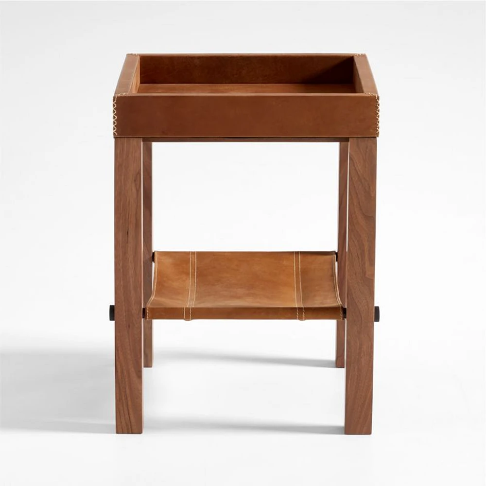 Shinola Runwell Leather and Wood End Table with Shelf