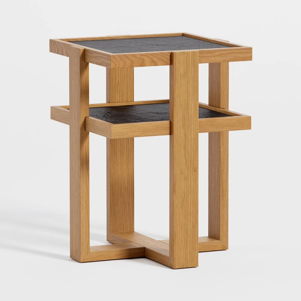 Sable Black Marble Tiered End Table with Shelf