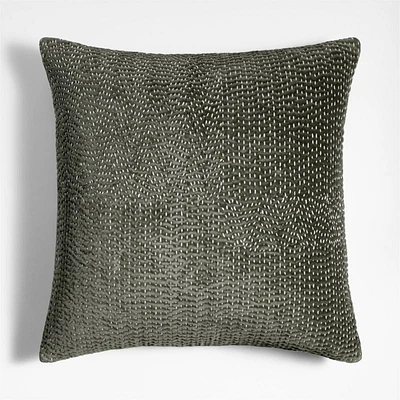 Sashiko Organic Cotton Velvet 20x20 Burnt Green Throw Pillow Cover