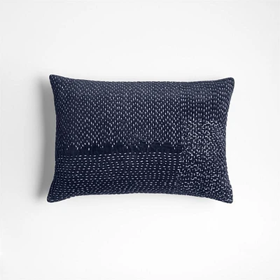 Sashiko Organic Cotton Velvet 22x15 Deep Indigo Blue Throw Pillow Cover