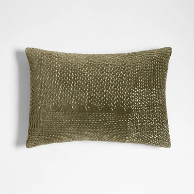 Sashiko Organic Cotton Velvet 22x15 Burnt Green Throw Pillow Cover