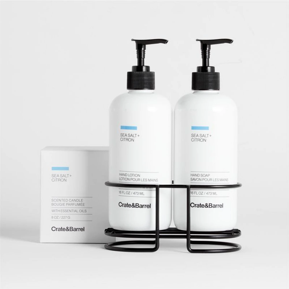 Sea Salt + Citron Hand Soap, Lotion and Candle Set with Matte Black Caddy