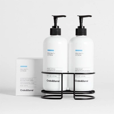 Sea Salt + Citron Hand Soap, Lotion and Candle Set with Matte Black Caddy