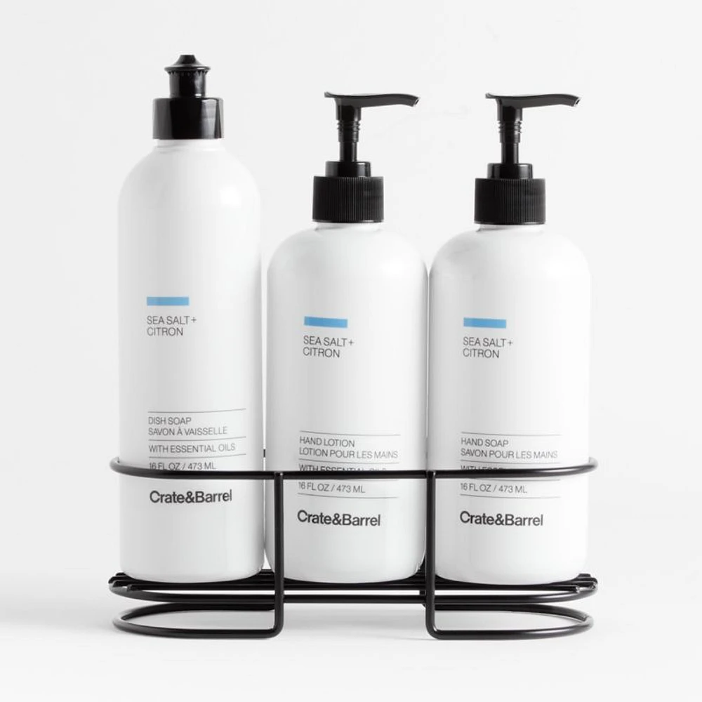 Sea Salt + Citron Hand Soap, Lotion and Dish Soap Set with Matte Black Caddy