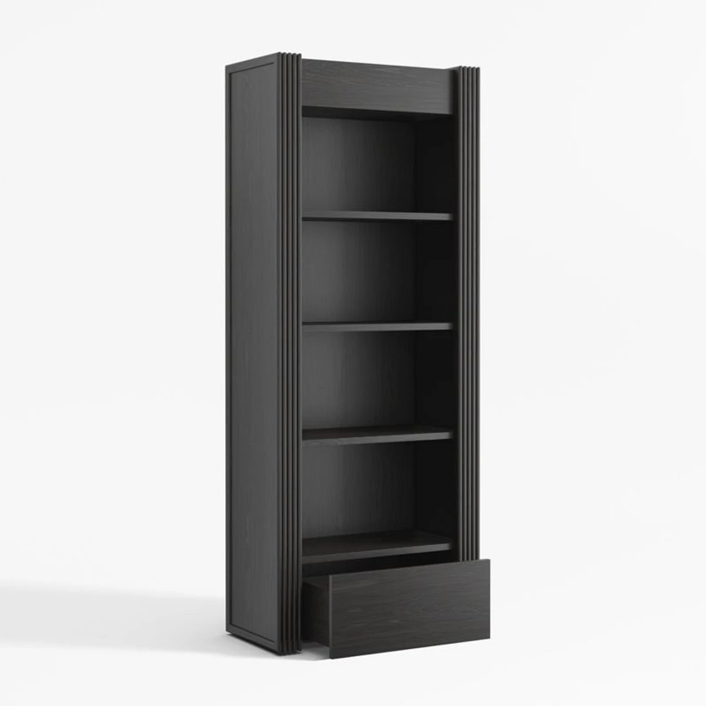 Siena 84" Black Wood 4-Shelf Storage Bookcase with Drawer