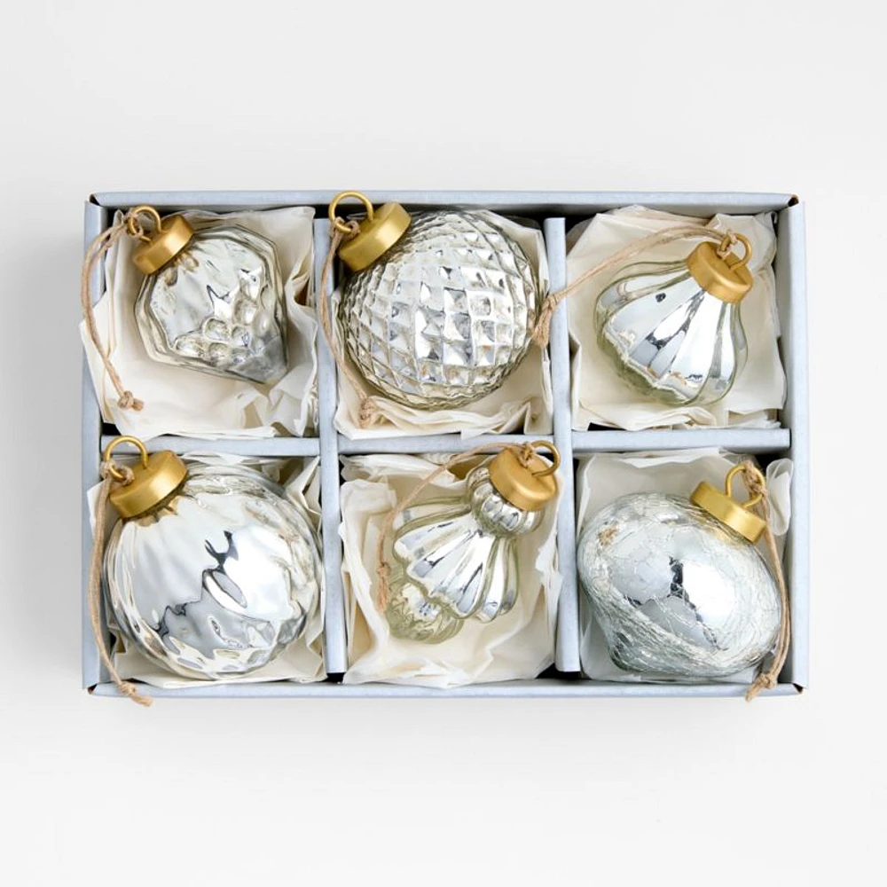 Silver Mercury Glass Christmas Ornaments, Set of 6
