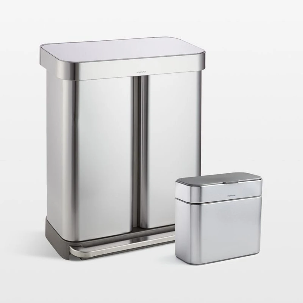 Simplehuman 58 Liter Recycling Kitchen Trash Can with Compost Caddy Attachment, Brushed Stainless Steel