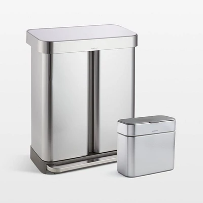 Simplehuman 58 Liter Recycling Kitchen Trash Can with Compost Caddy Attachment, Brushed Stainless Steel