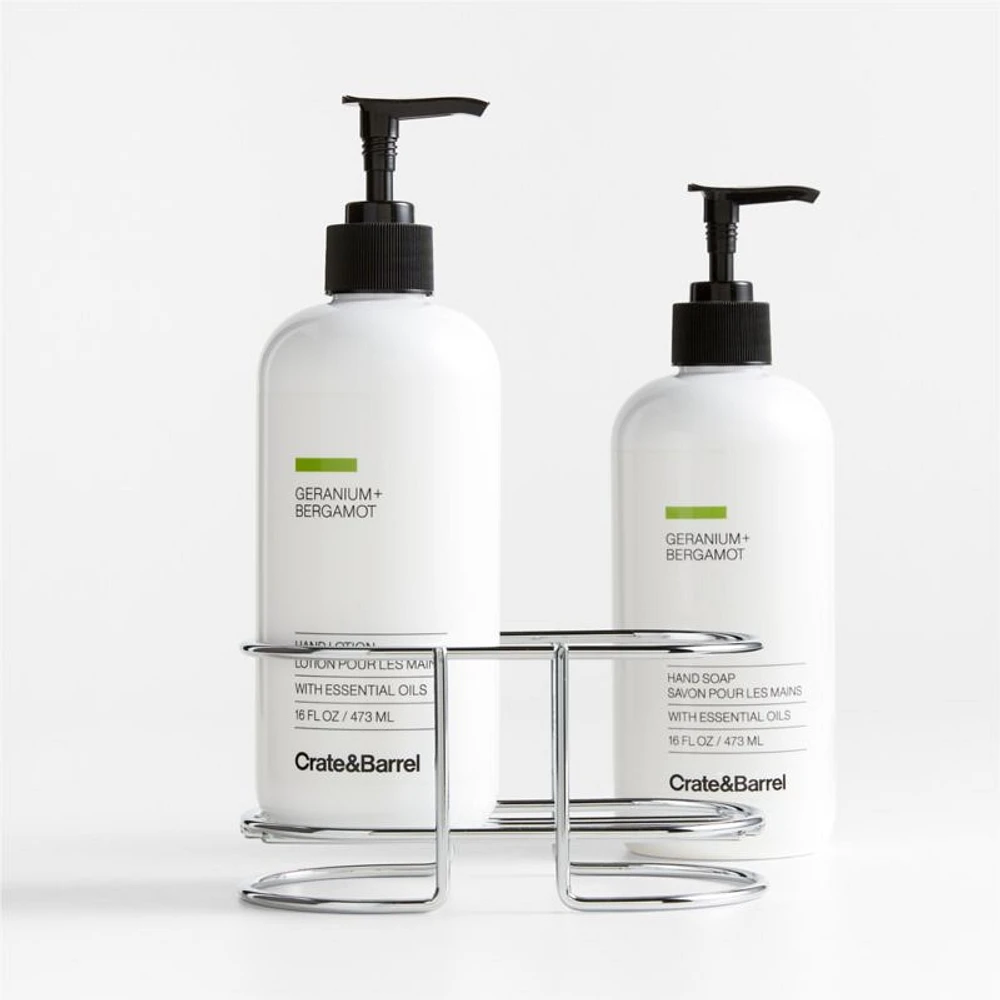 Geranium + Bergamot Hand Soap and Lotion Set with Stainless Steel Caddy