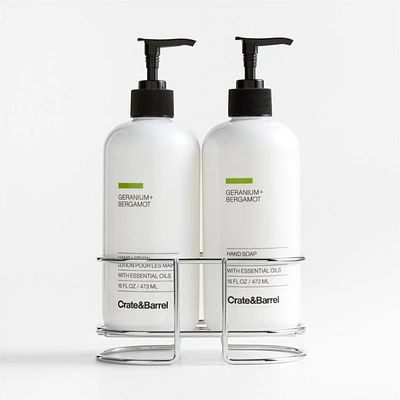 Geranium + Bergamot Hand Soap and Lotion Set with Stainless Steel Caddy