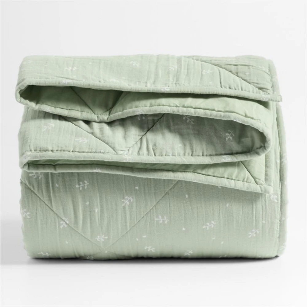 Supersoft Muted Teal Leaf Print Cotton Gauze Kids Twin Quilt