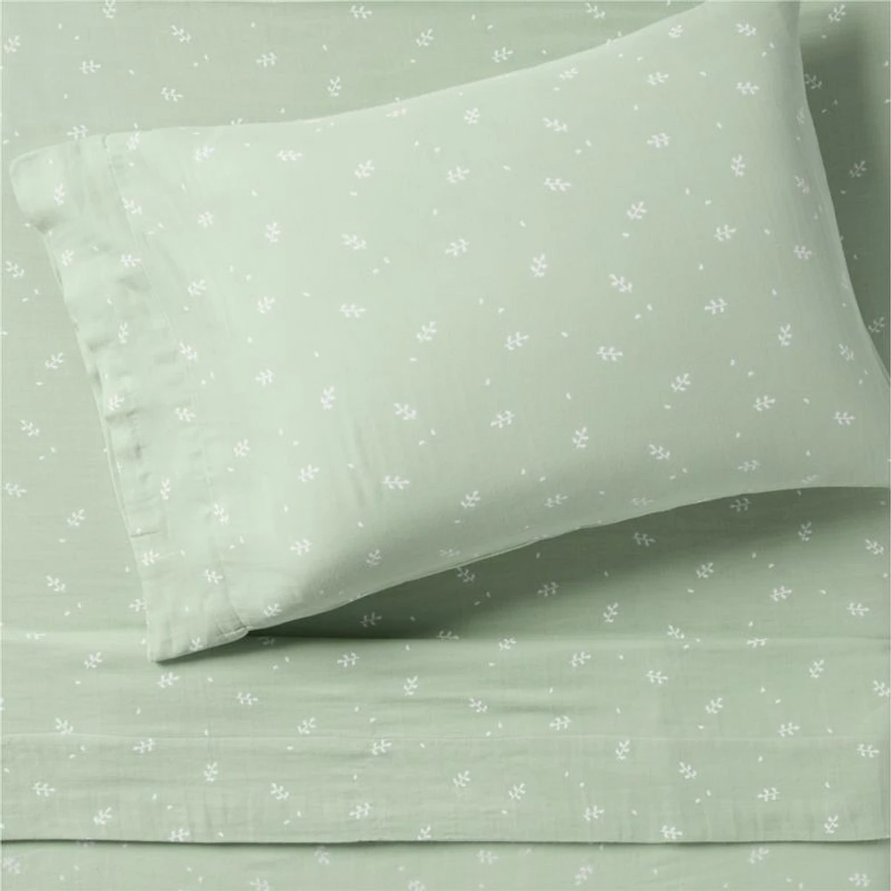 Supersoft Muted Teal Leaf Print Organic Cotton Gauze Kids Twin Sheet Set