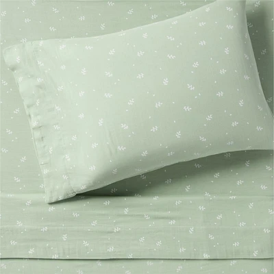Supersoft Muted Teal Leaf Print Organic Cotton Gauze Kids Twin Sheet Set