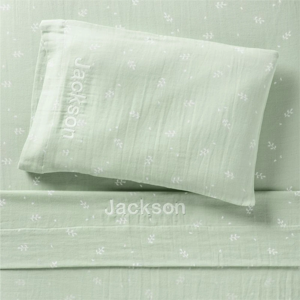 Supersoft Muted Teal Leaf Print Organic Cotton Gauze Toddler Sheet Set