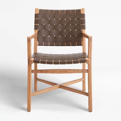 Taj Brown Woven Leather Dining Chair with Arms