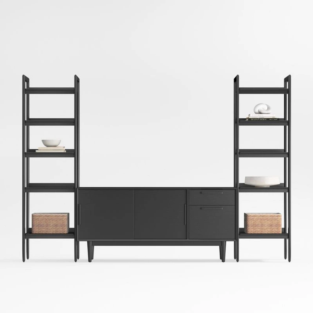 Tate 108.5" Black Wood Storage Media Console and Bookshelf Set