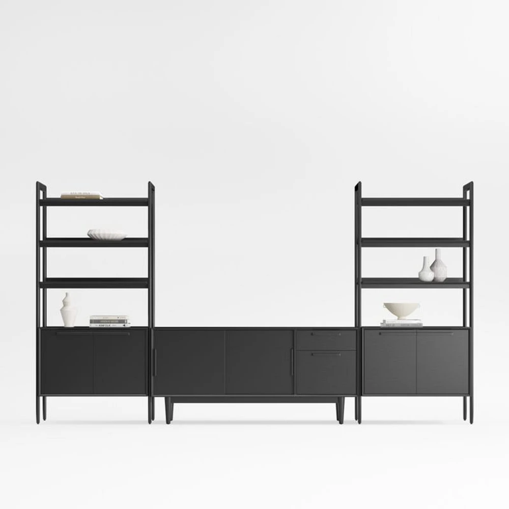 Tate 136.5" Black Wood Storage Media Console and Bookcase Set