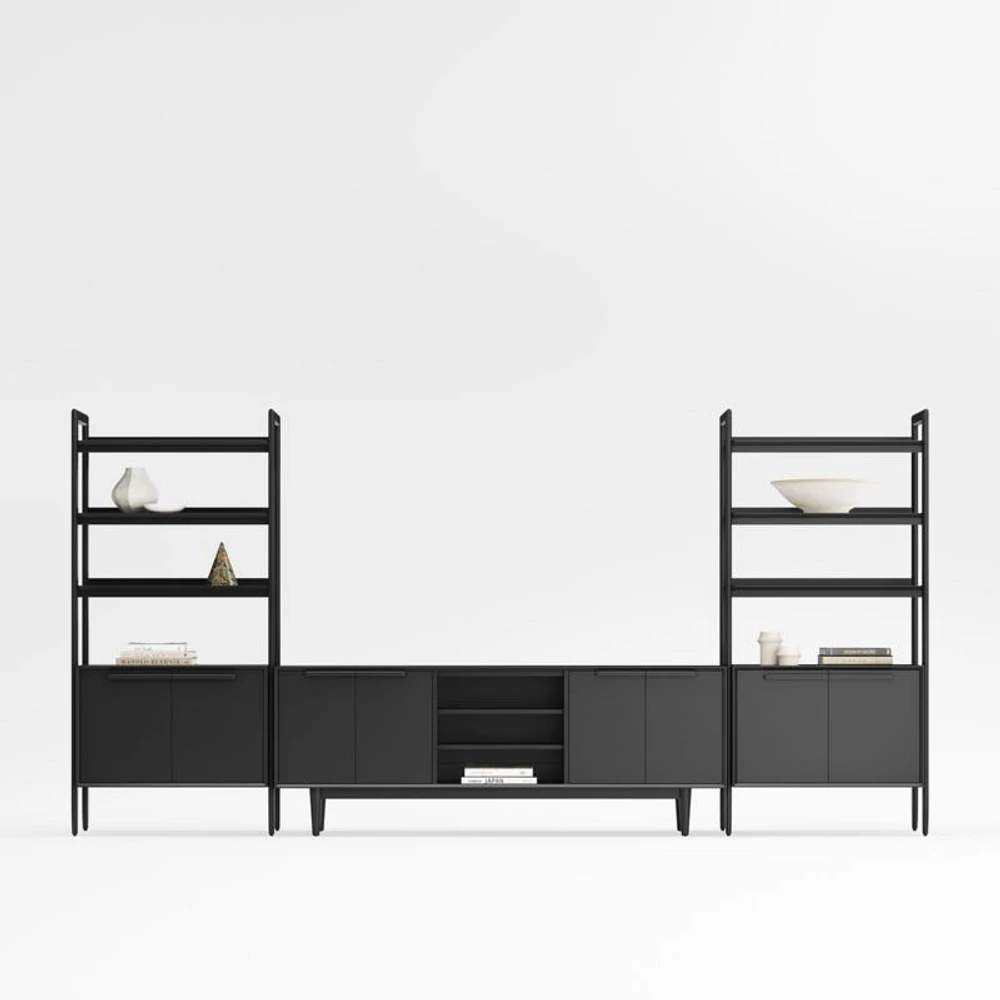 Tate 152" Black Wood Storage Media Console and Bookcase Set